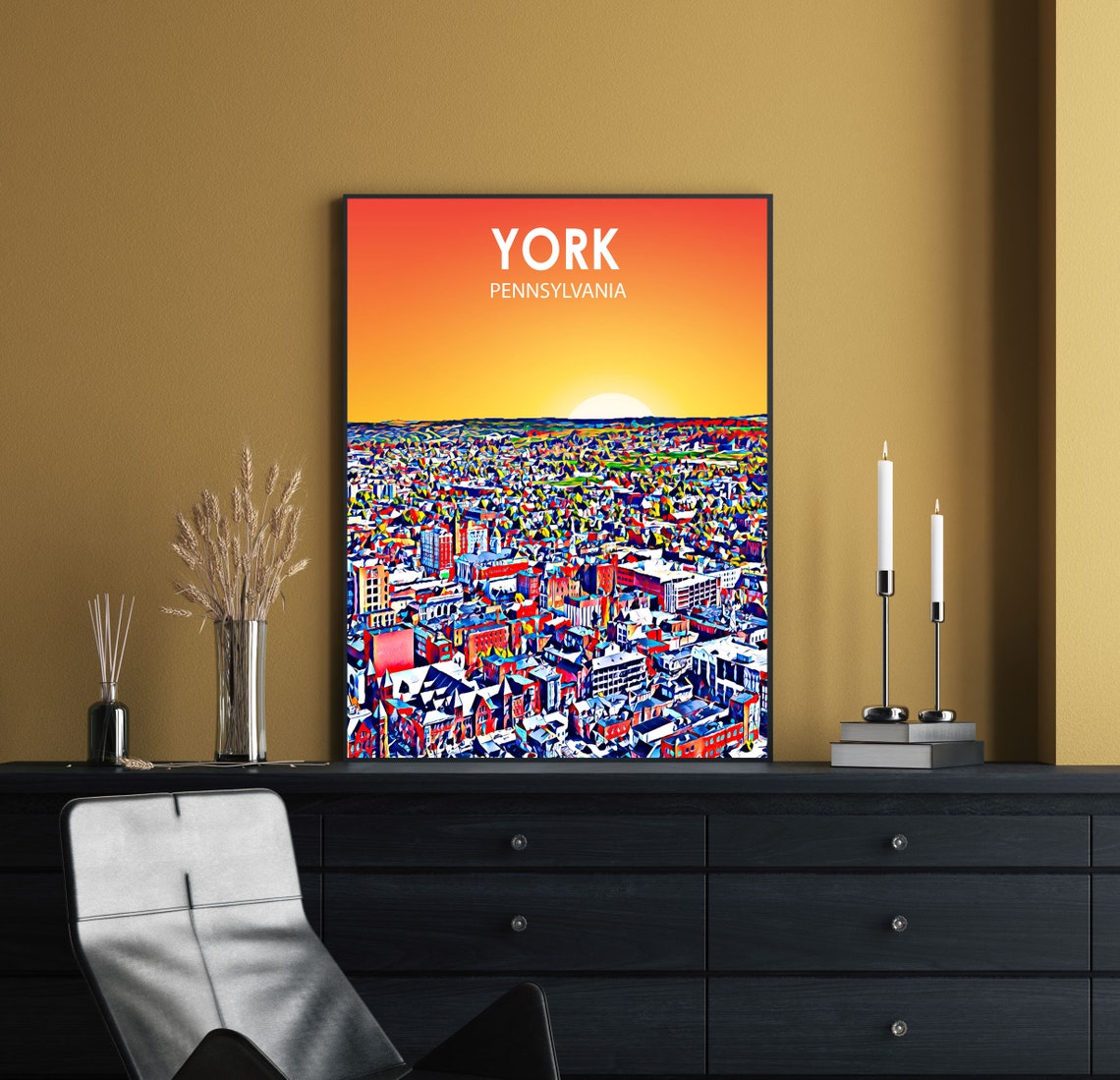 York Pa Art Poster Pennsylvania City Sunset Landscape Poster Print York City Wall Art Colorful Skyline Sketch Photo - Image 2