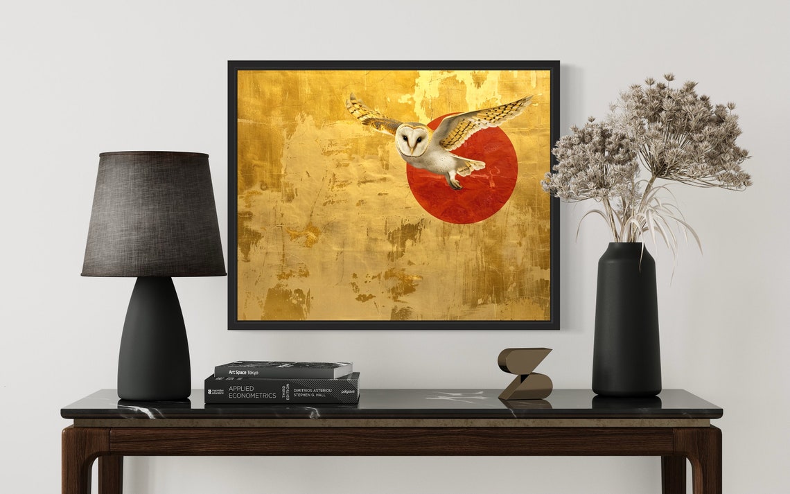 Barn Owl in Flight Facing Forward Against Red Sun Gold Poster - Image 2
