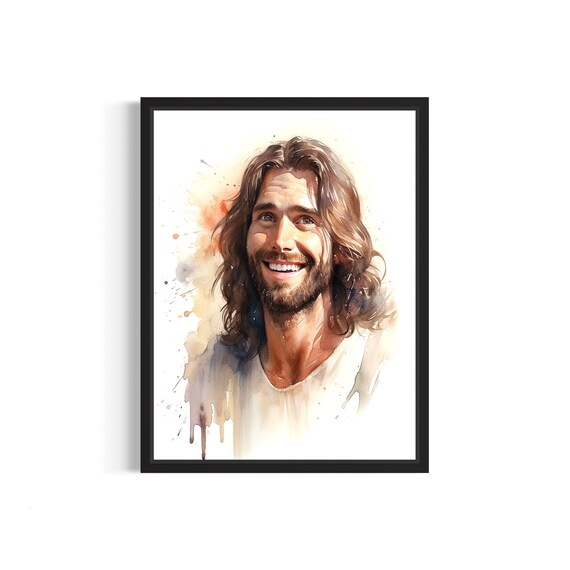 Smiling Jesus Christ Watercolor Portrait Religious Art Poster