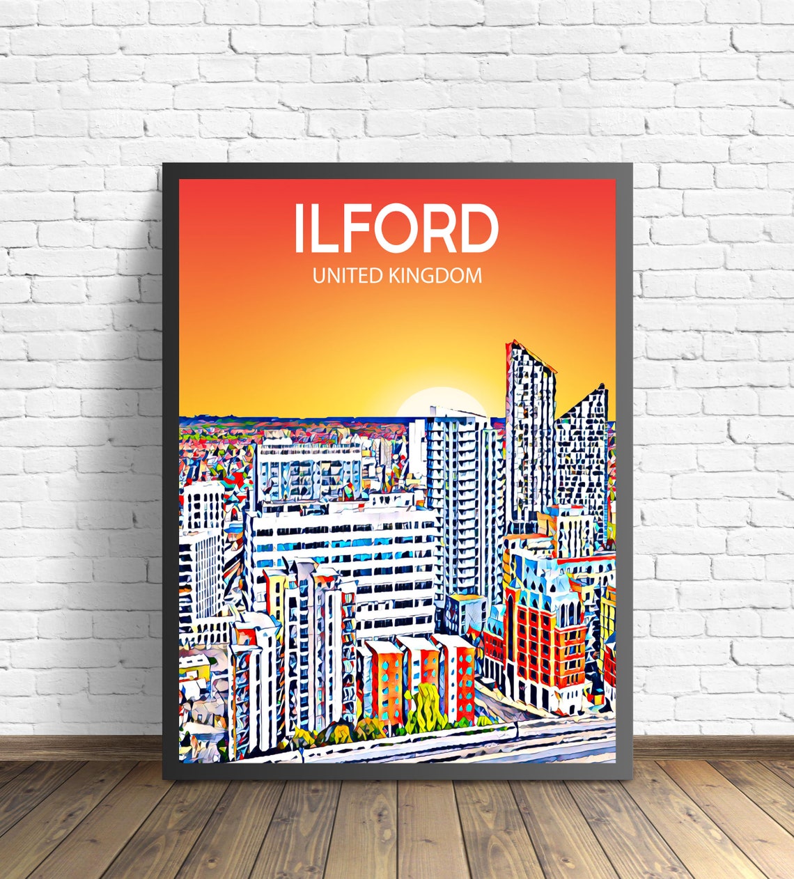 Ilford United Kingdom Sunset Skyline Pop Art Cityscape Poster