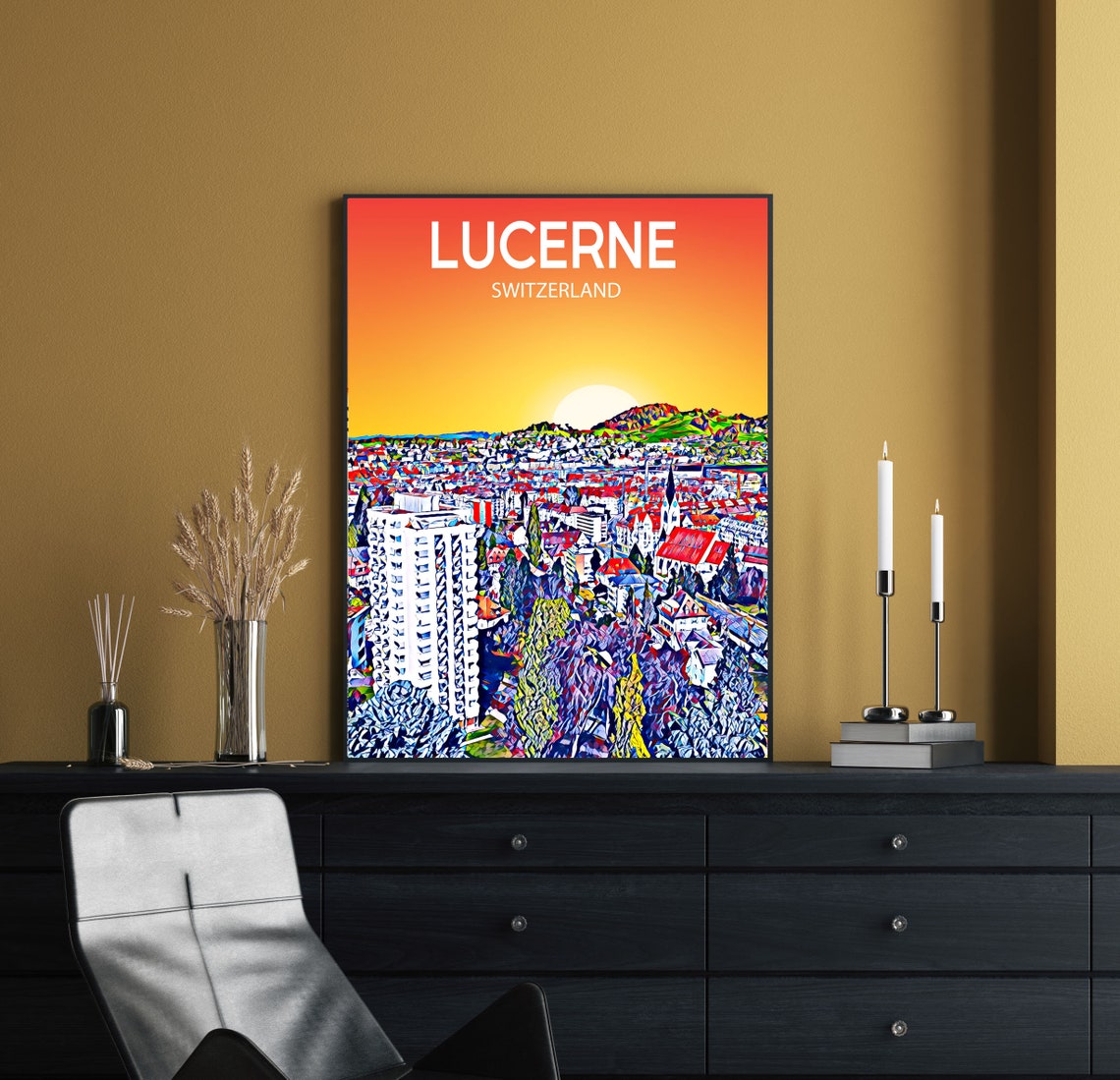 Lucerne Switzerland Sunset Skyline Vibrant Mosaic Cityscape Art Poster - Image 2