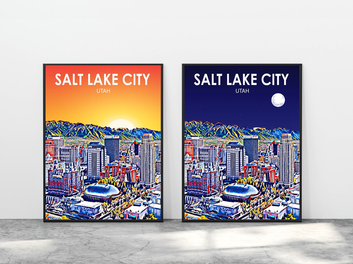 Salt Lake City Art Poster Utah Sunset Landscape Poster Print Salt Lake City Framed Wall Art Colorful Skyline Sketch Photo - Image 3