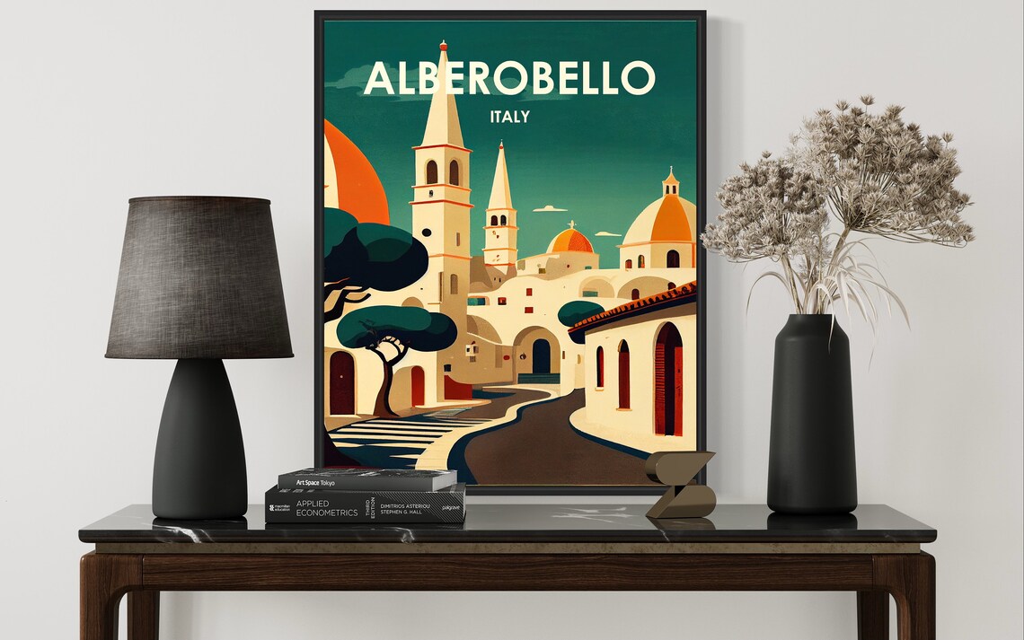 Alberobello Italy Church Towers and Curved Street Retro Travel Poster - Image 2
