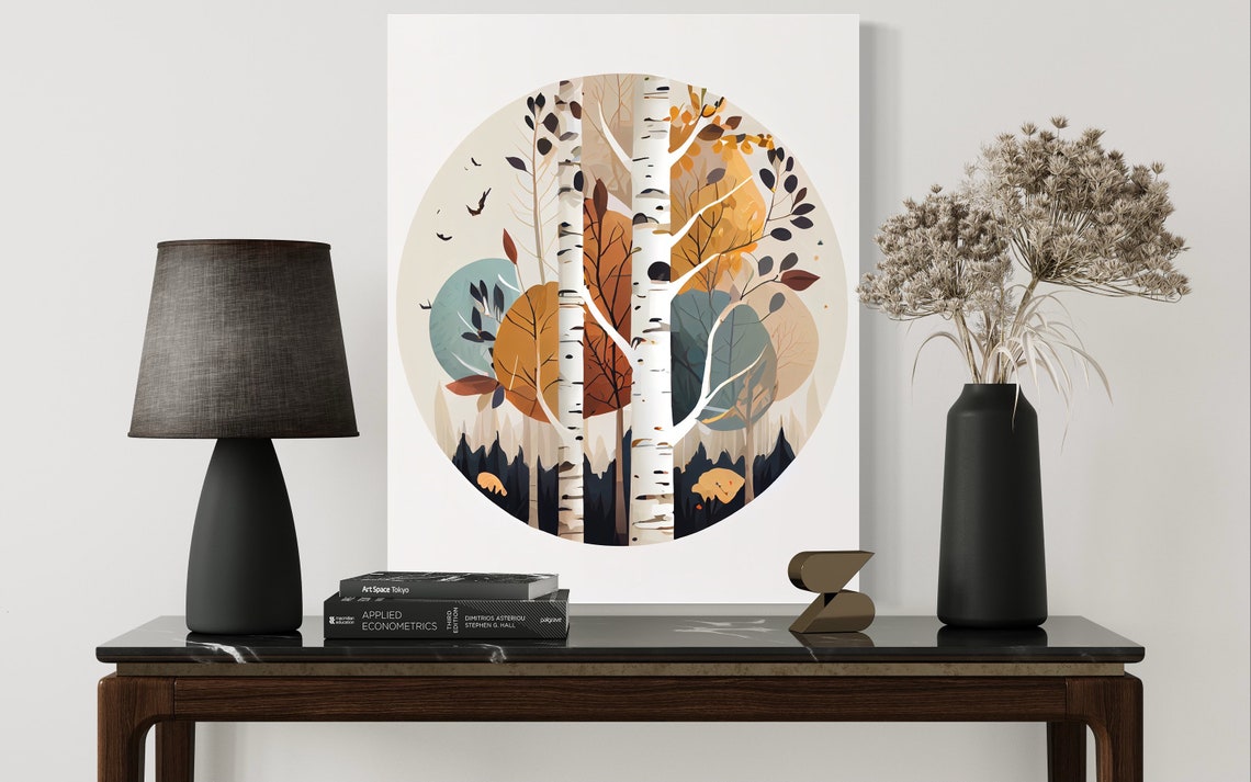 Birch Trees Autumn Forest Botanical Round Design Scandinavian Poster - Image 2