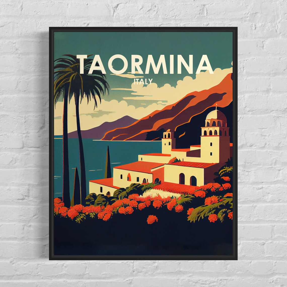 Taormina Italy Sicilian Coast Red Flowers Villa Retro Travel Poster