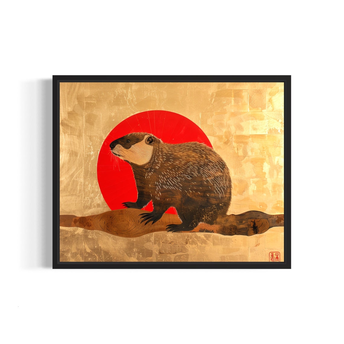 Beaver Perched on Log Against Red Sun Asian Art Style Poster