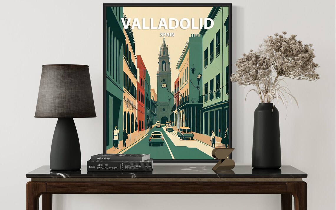 Valladolid Retro Street with Cathedral Tower and Vintage Cars Poster - Image 3