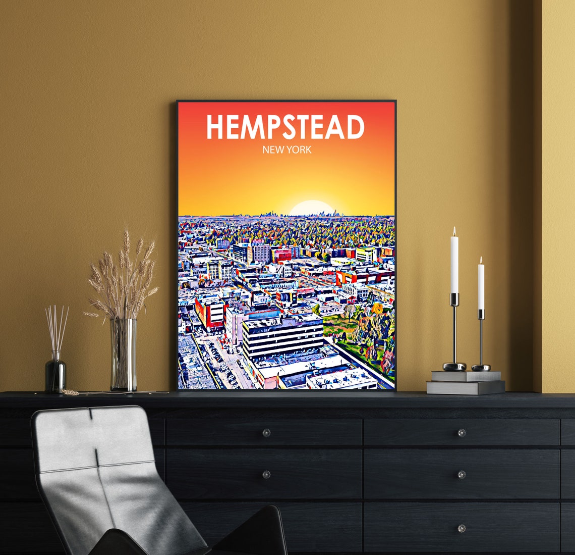 Hempstead New York Aerial Sunset Town Colorful Skyline Poster - Image 2