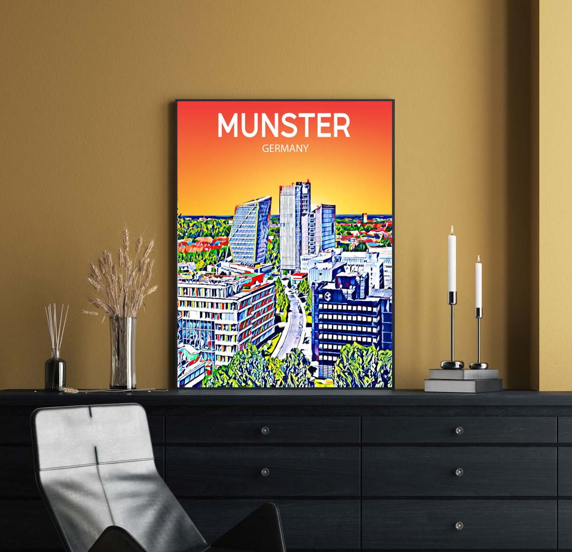 Munster Germany Modern Office Towers Golden Sunset Skyline Poster - Image 2