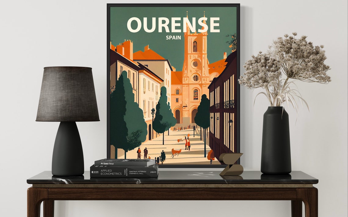 Ourense Spain Retro Cathedral Tower Old Town Plaza Scene Poster - Image 3