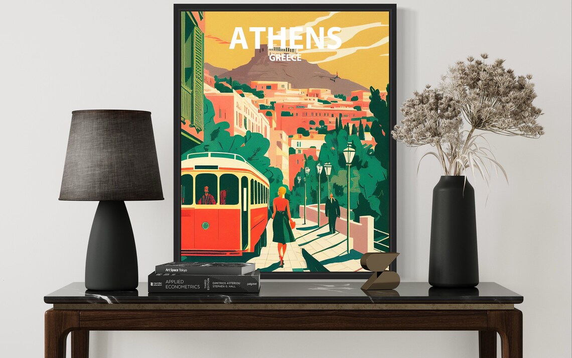 Athens Greece Tram Vintage Minimal Street Scene Travel Poster Art - Image 3