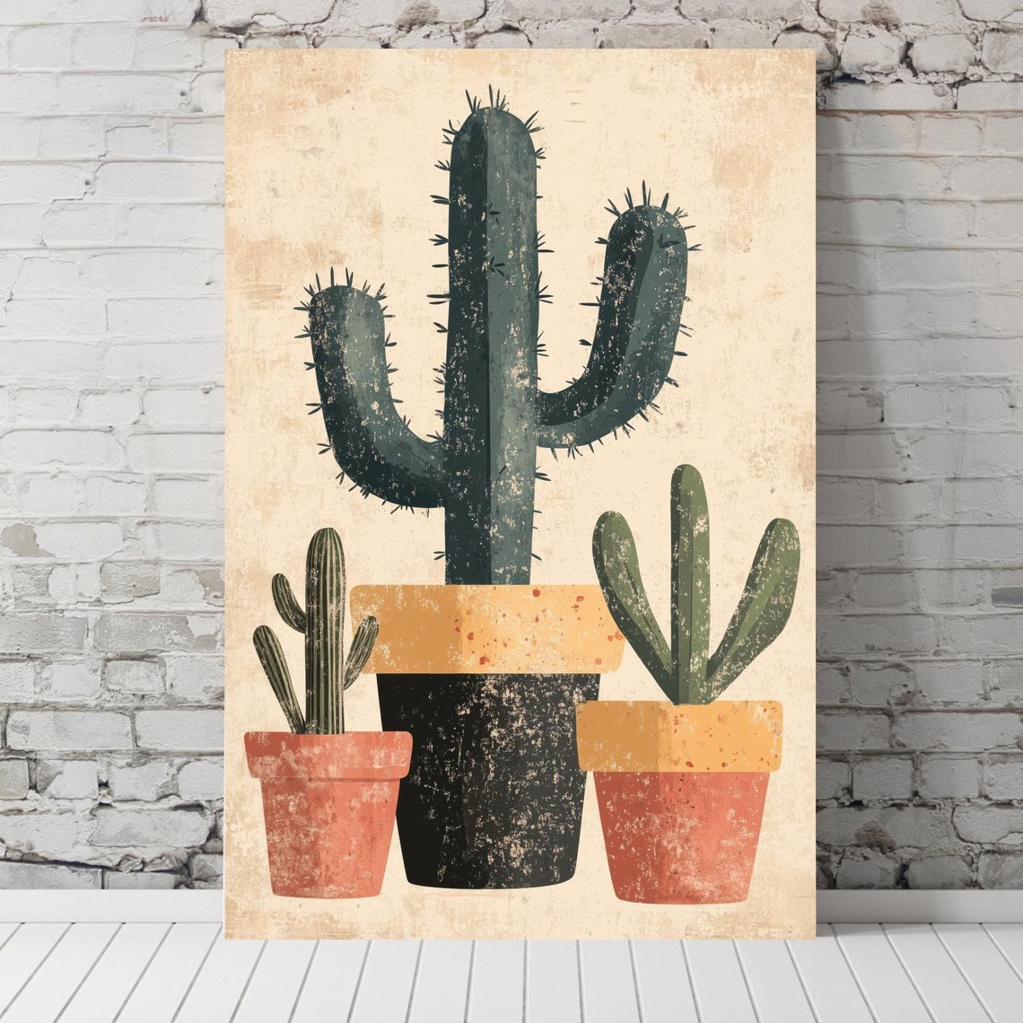Vintage Saguaro Cactus In Black Pot With Two Small Cacti Poster