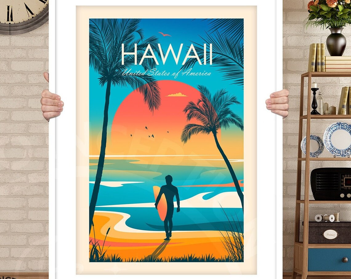 Hawaii Travel Print, Waikiki Surfing Poster - Image 3