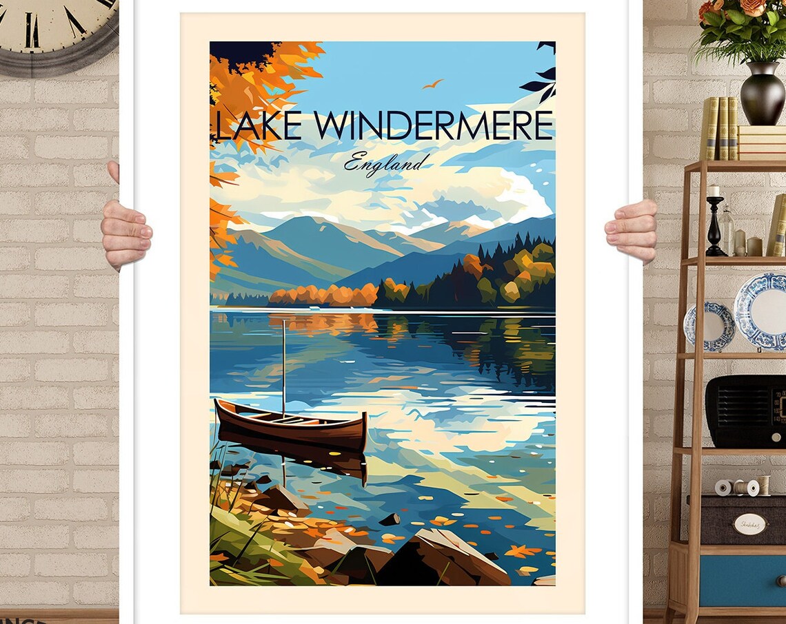 Lake Windermere England Autumn Lakeside Rowboat Scene Travel Poster - Image 3