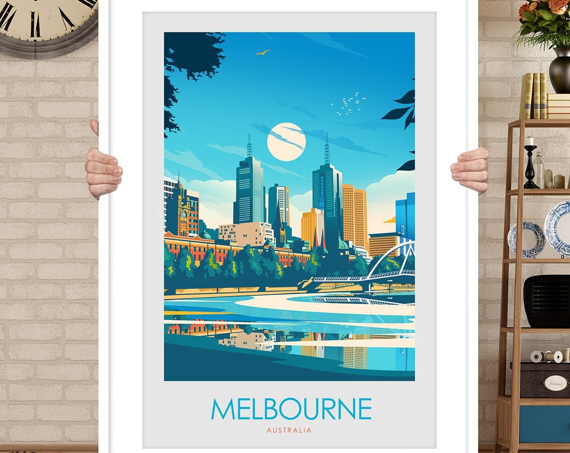 Melbourne Australia City Skyline River Moon Night Travel Poster - Image 3