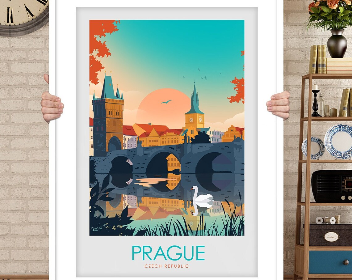 Prague Czech Republic Charles Bridge Swan Sunset Travel Poster - Image 3