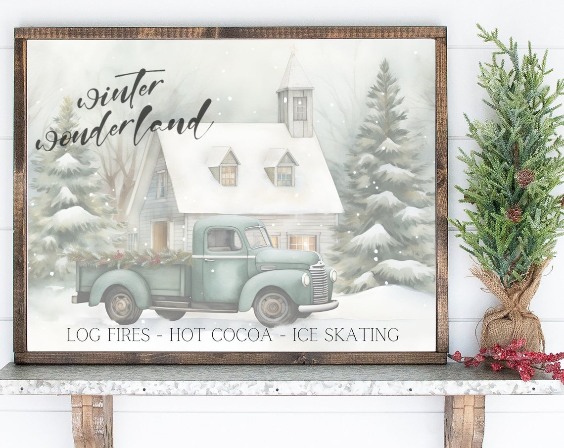 Winter Wonderland Wall Art Vintage Truck Snowy Scene Winter Wall Art Christmas Art Old Truck Farmhouse Art