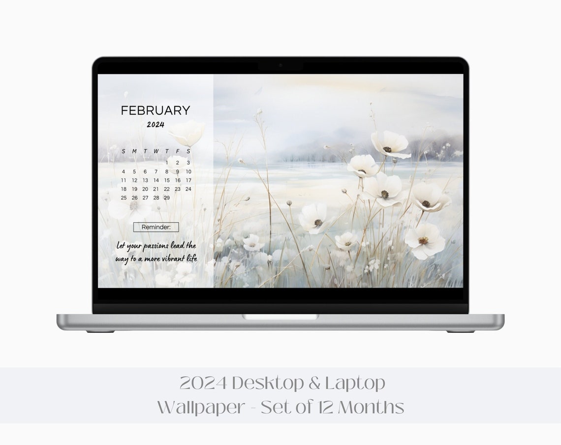 2024 White Floral Desktop Wallpaper February Calendar Set Poster
