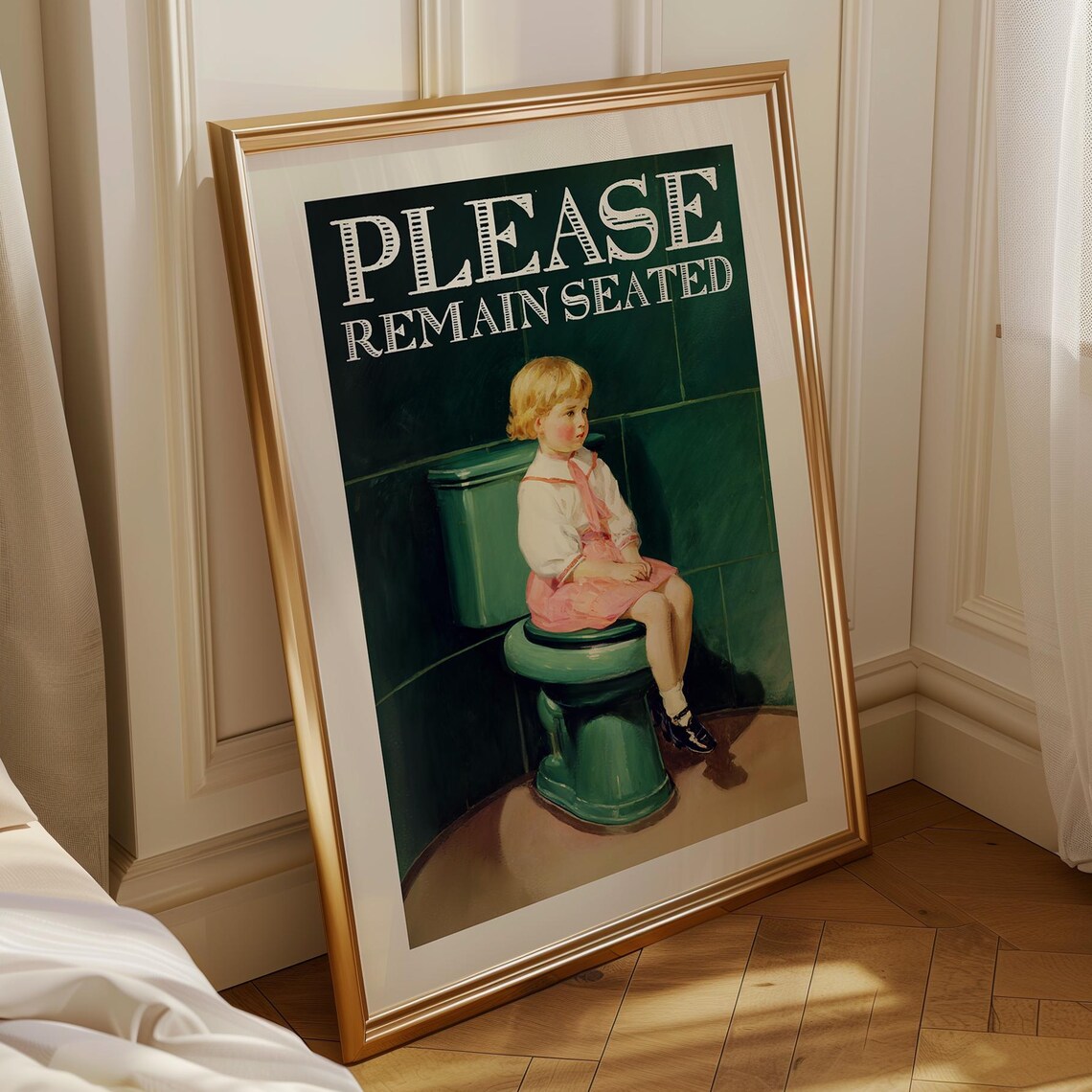 Please Remain Seated, Funny Bathroom Vintage Poster