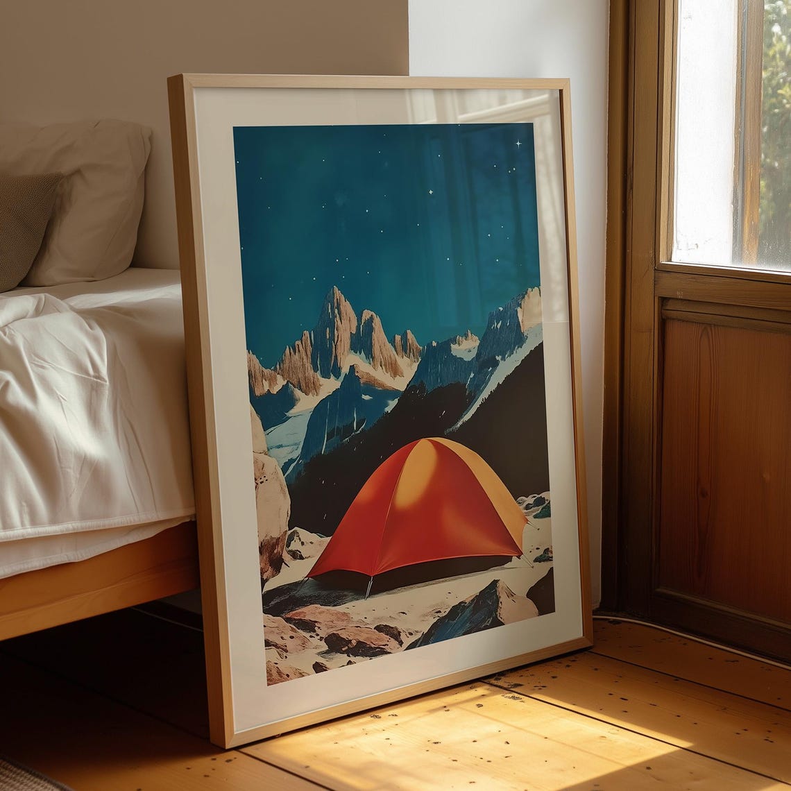 Retro Red Camping Tent Starry Night Sky Mountain Travel Poster