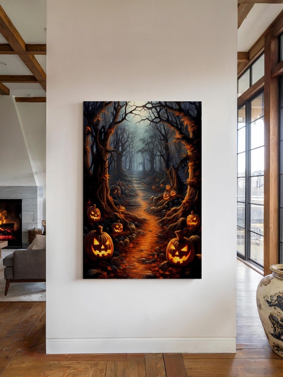Spooky Woods Halloween Art Print, Pumpkin Forest