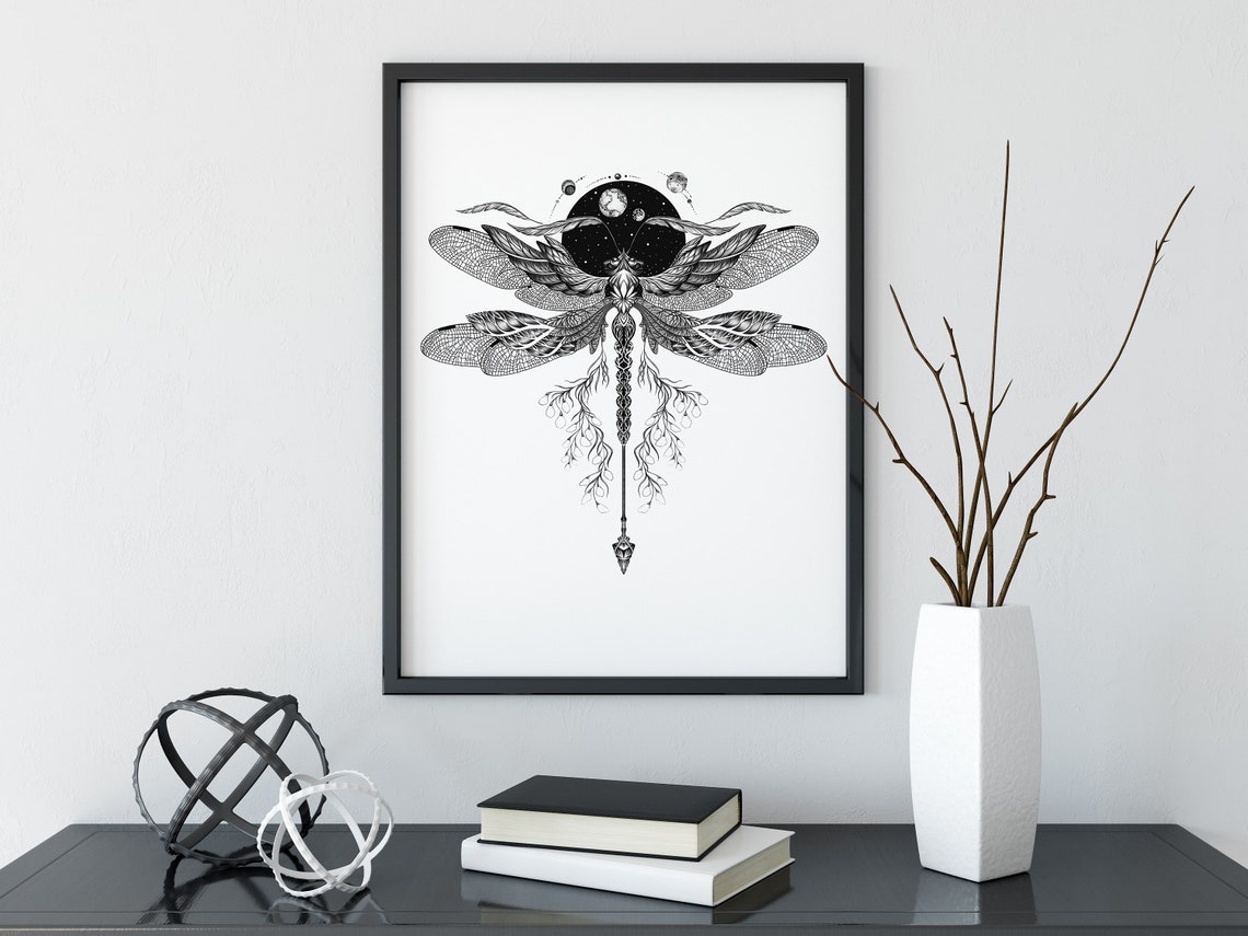 Black And White Dragonfly Cosmic Night Sky Detailed Line Art Poster - Image 2