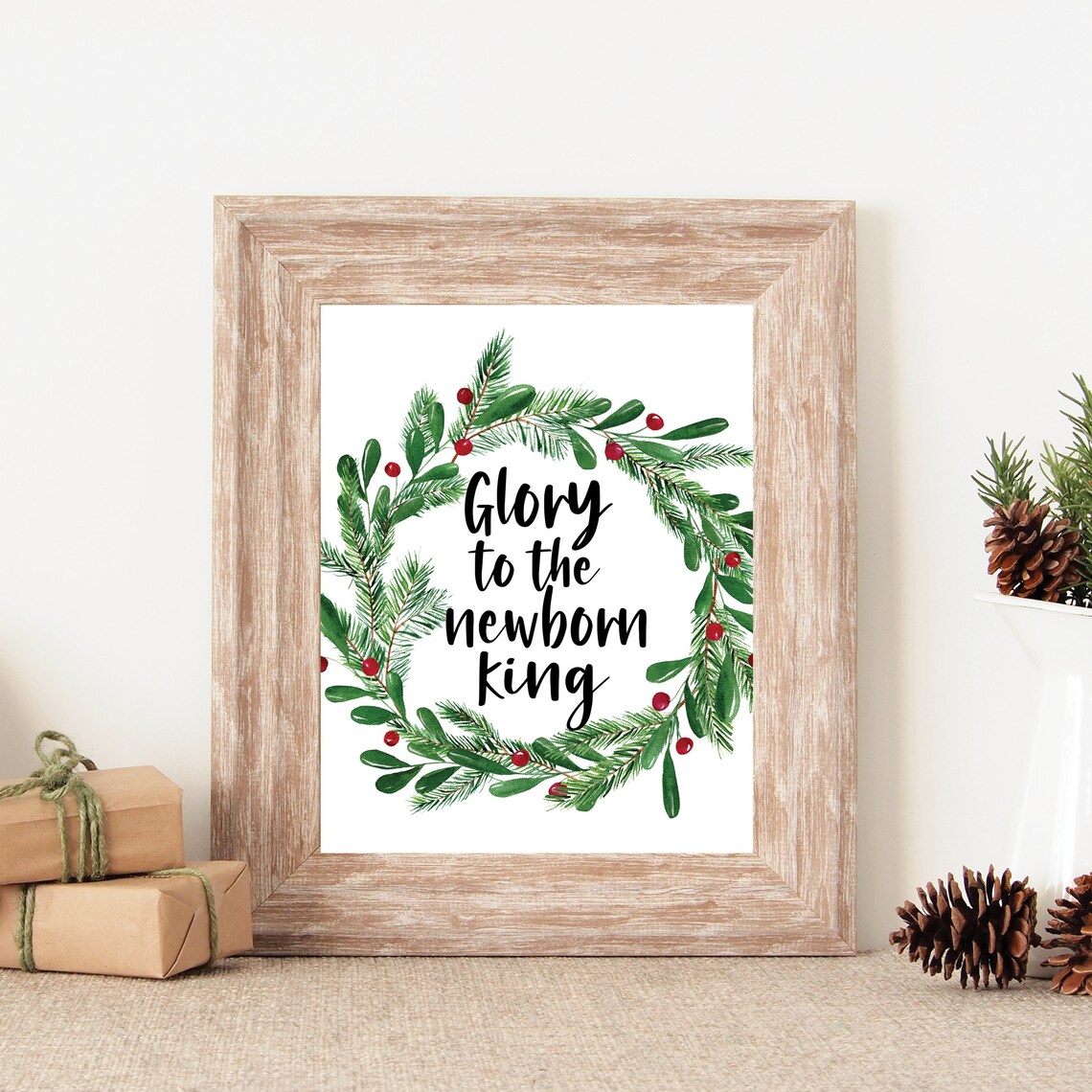 Glory To The Newborn King Evergreen Wreath Christian Christmas Art Poster