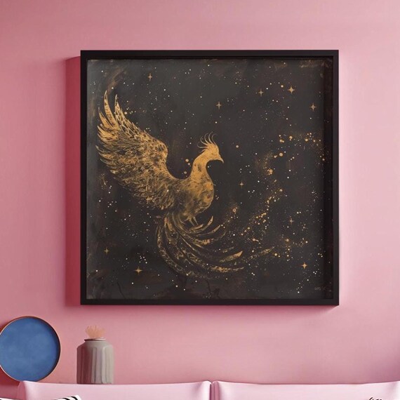 From The Ashes Phoenix Wall Art Phoenix Print Gold Sketch Starry Night Sky Home Decor Black Gold Contrast Artwork Bedroom Decor