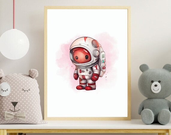 Cute Red Astronaut Pink Watercolor Splash Kids Room Nursery Poster
