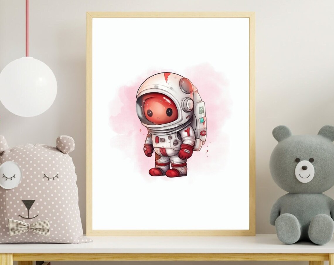 Cute Red Astronaut Pink Watercolor Splash Kids Room Nursery Poster