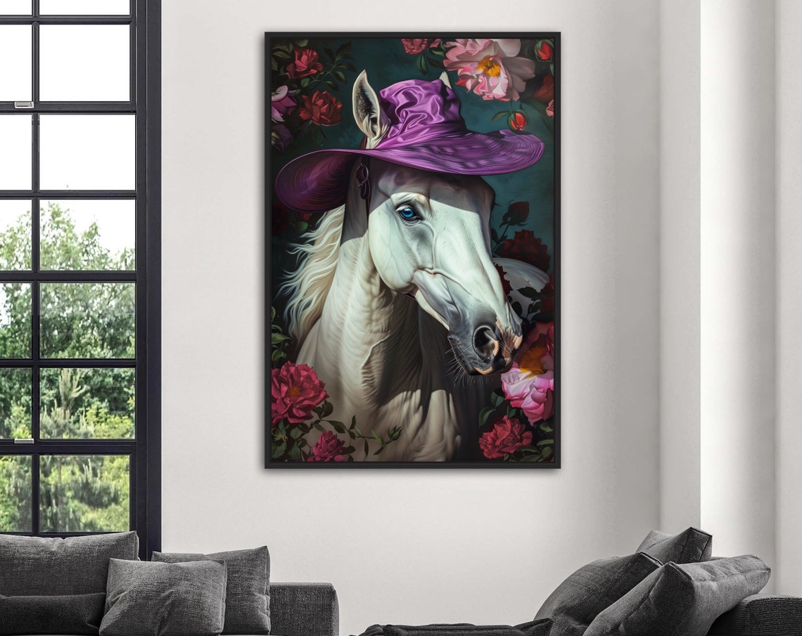 Regal White Horse Purple Hat Red Roses Equine Floral Art Poster - Image 5