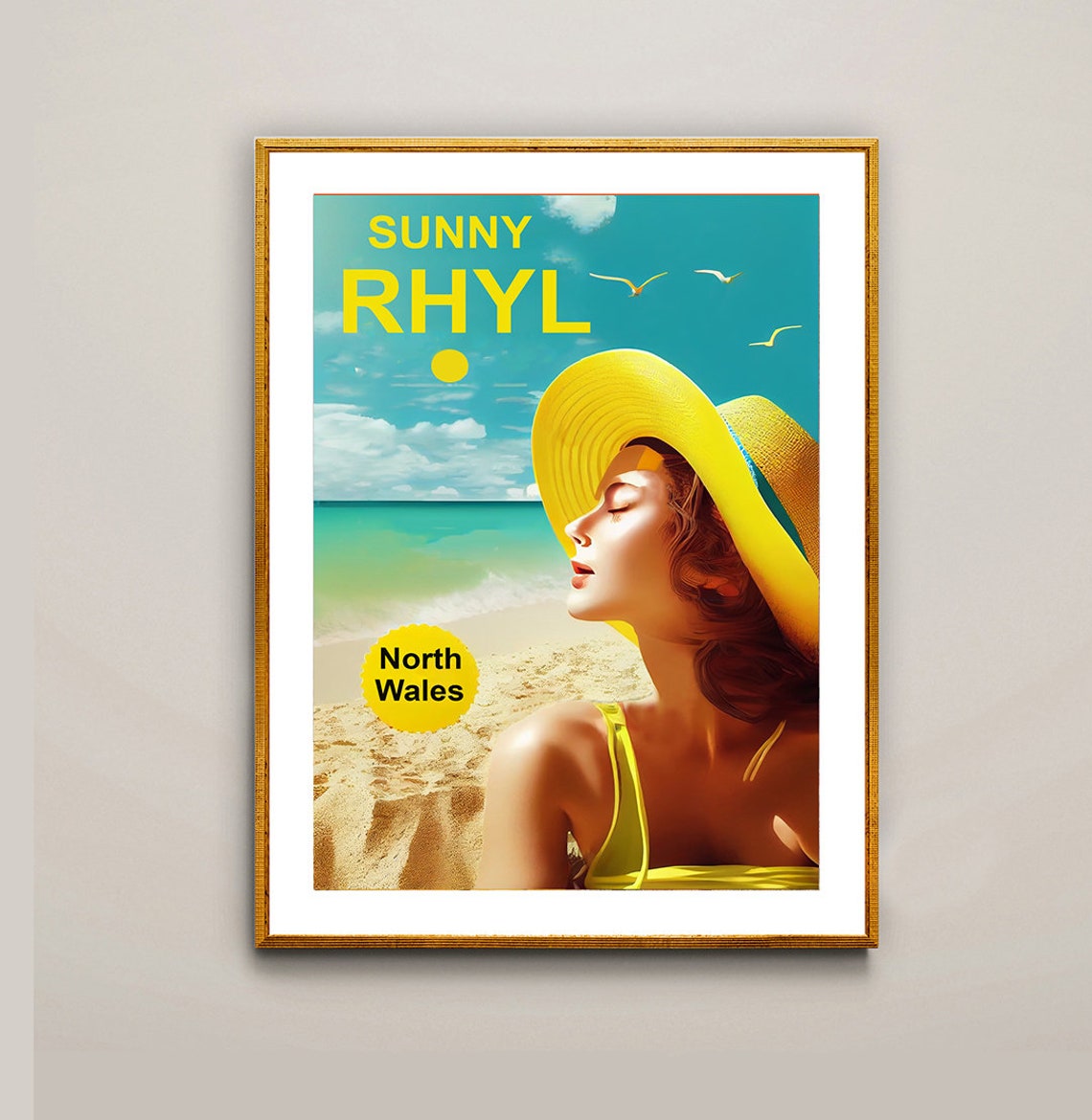 Sunny Rhyl North Wales Beach Woman Sun Hat Retro Travel Poster - Image 2
