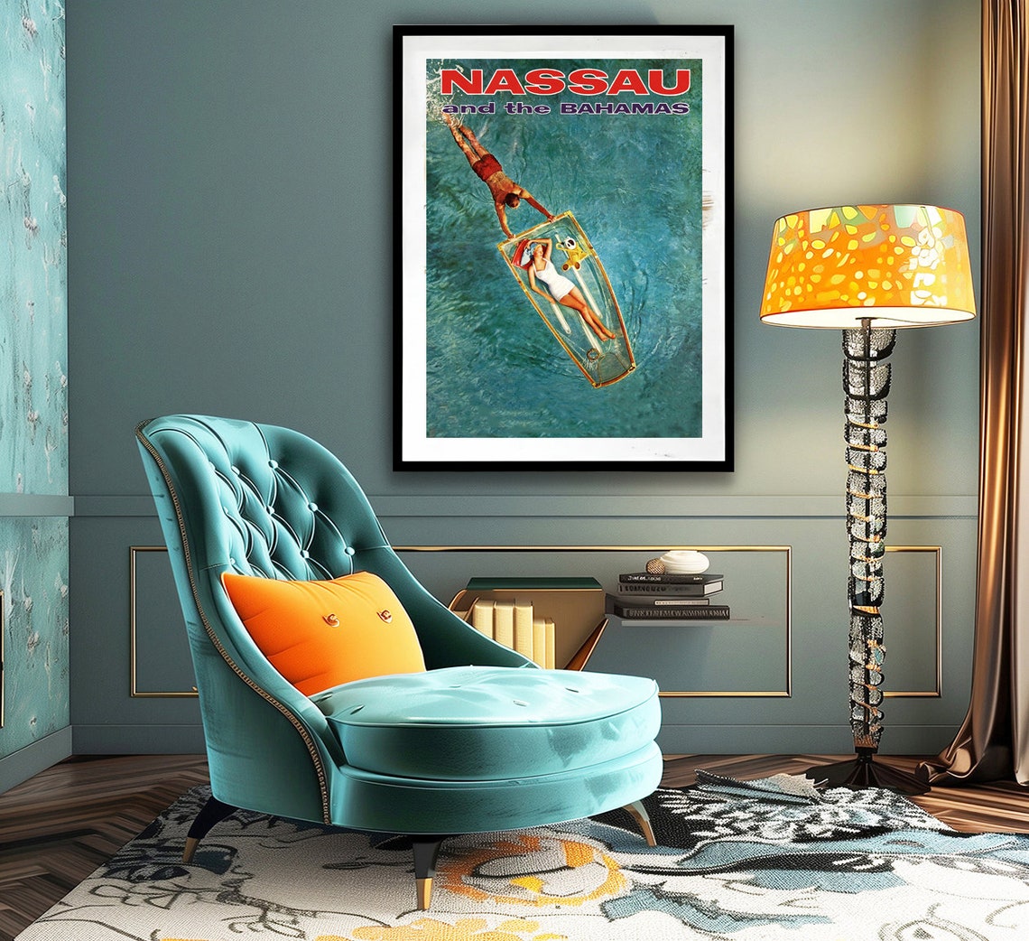 Nassau and the Bahamas Vintage Travel Poster Glass Bottom Boat Diver - Image 2