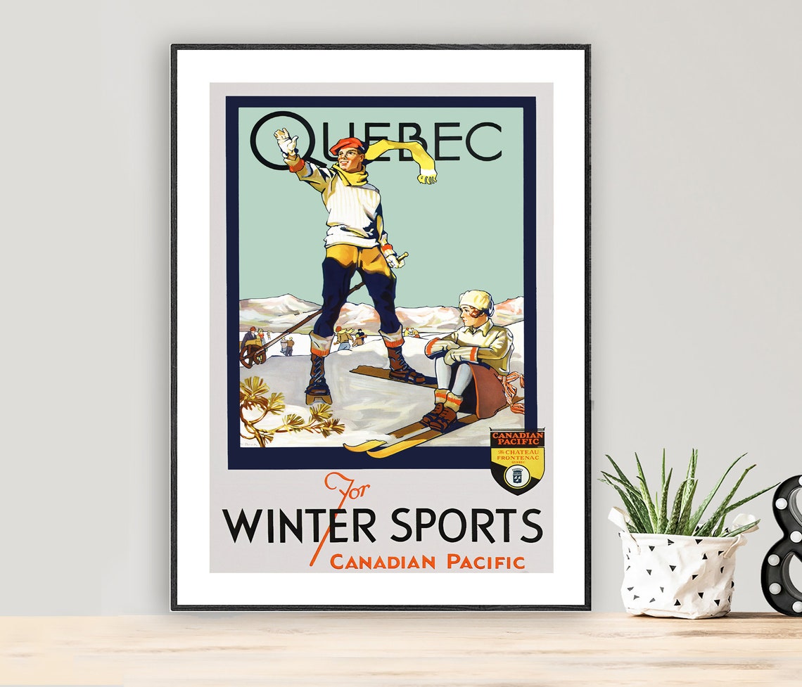 Québec Winter Sports Canadian Pacific Château Frontenac Skiers Poster