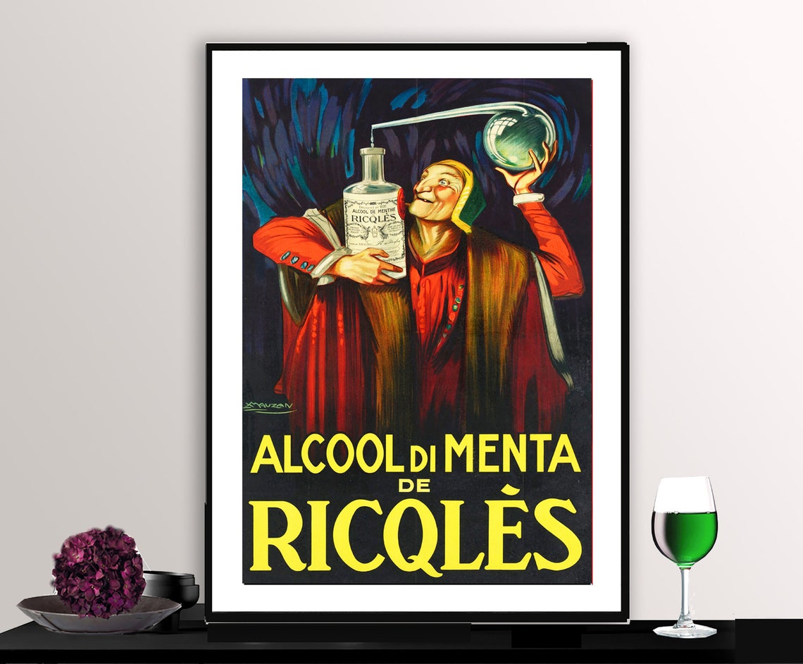 Ricqles Mint Liqueur Alchemist Flask Vintage French Ad Poster