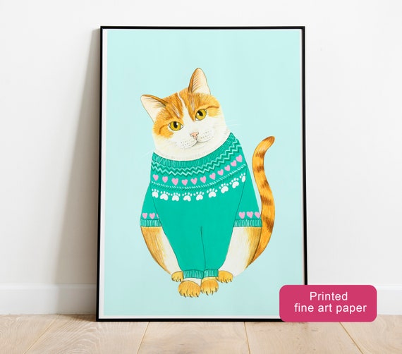 Cat With Sweater Wall Art Ginger Illustration Kitten In A Jumper Print Orange Tabby Painting Teen Girl Bedroom Decor