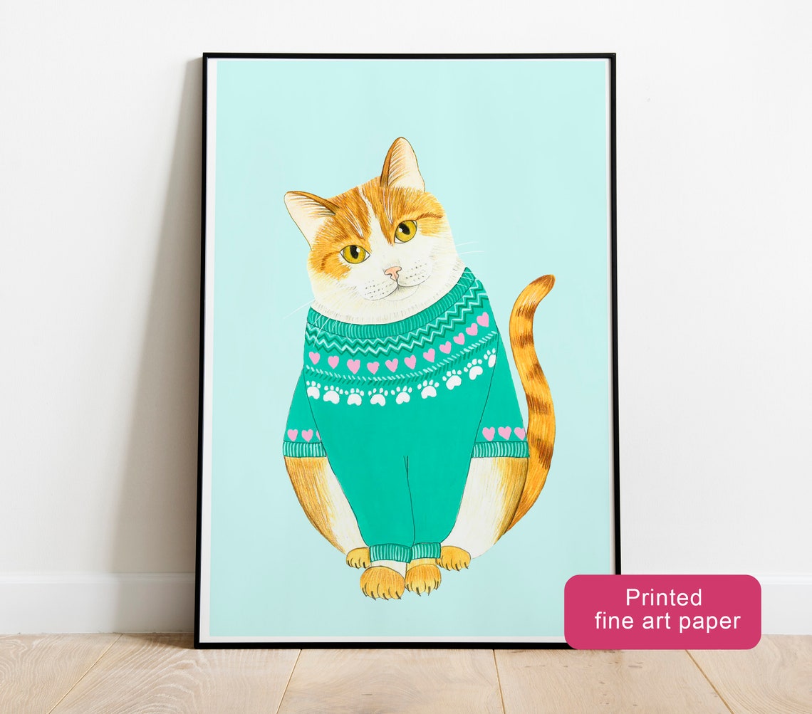 Ginger Cat In Teal Sweater Watercolor Cozy Kitten Winter Poster