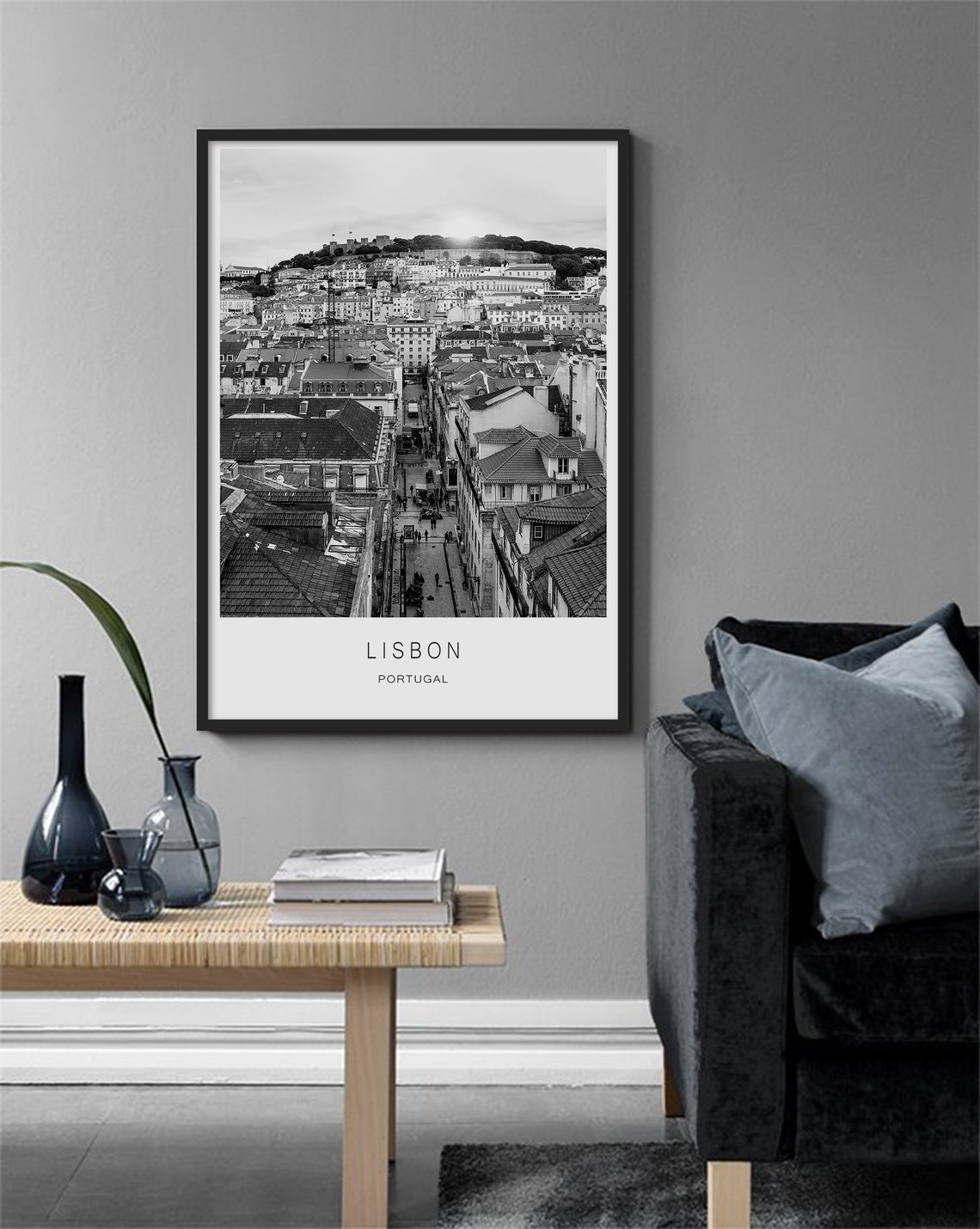 Lisbon Portugal Rooftops Castle Hill Black White Old Town Poster - Image 3
