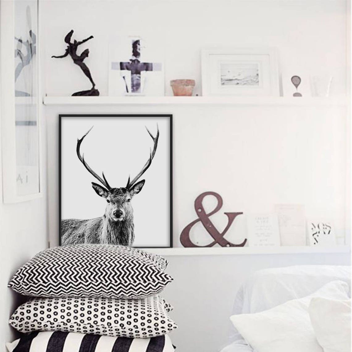 Stag Deer Antlers Black White Close Up Wildlife Portrait Poster - Image 2