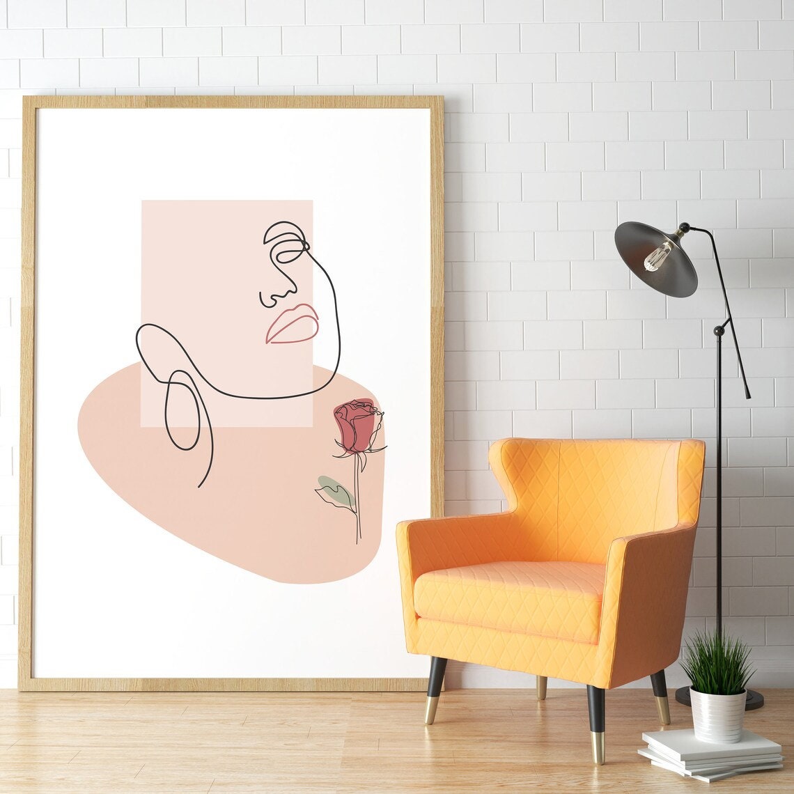 One Line Woman Face Red Rose Minimalist Boho Chic Art Poster