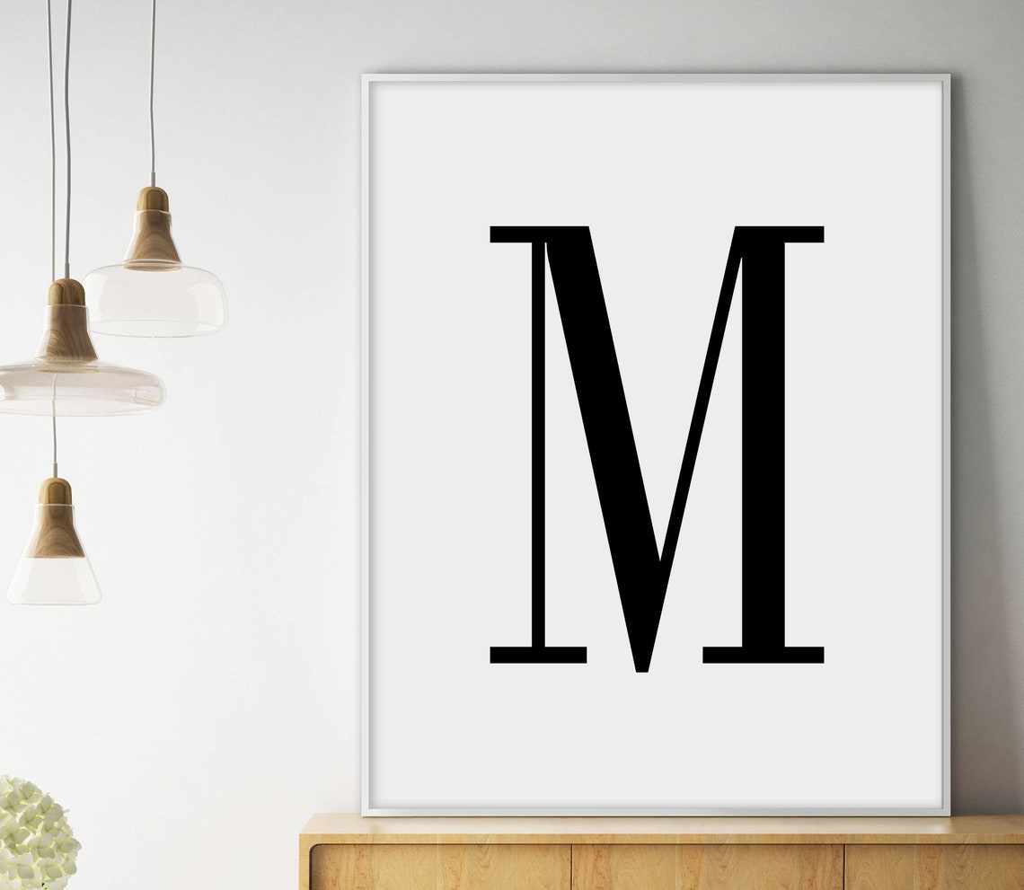 Letter M Minimalist Black White Monogram Scandinavian Wall Art