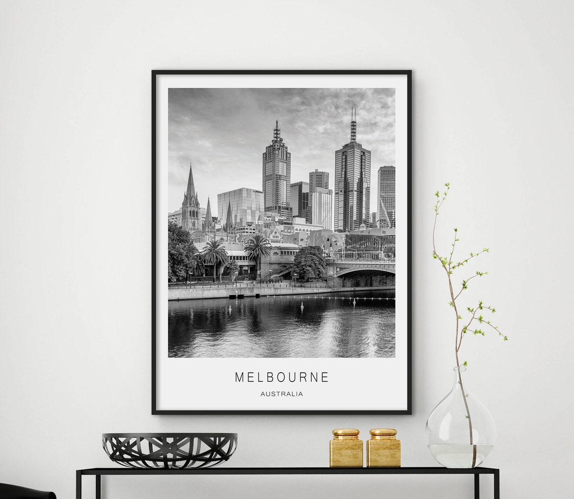 Melbourne Australia Black And White Riverside Skyline Poster