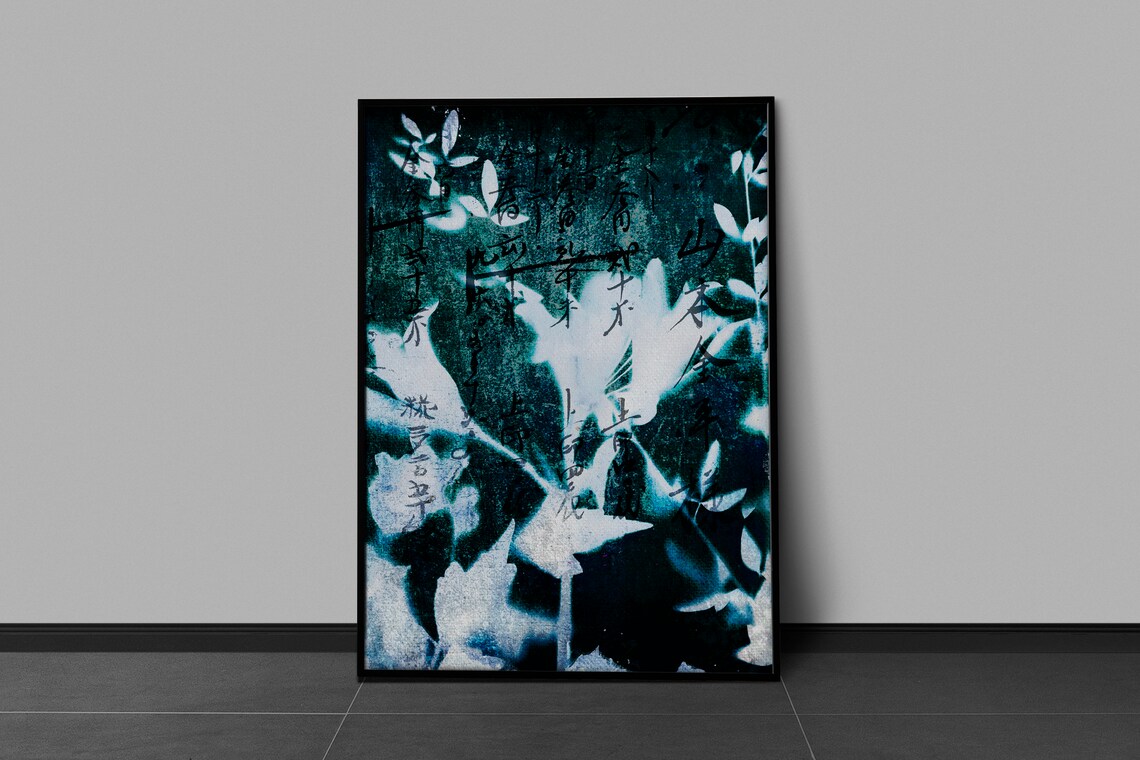 Grunge Botanical Print, Cyanotype Gothic Decor