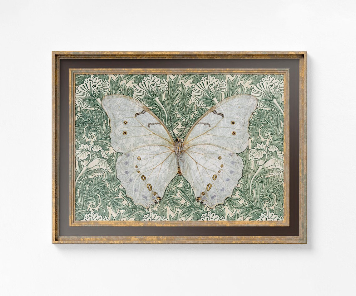 William Morris Green Floral Print, Vintage Butterfly Poster