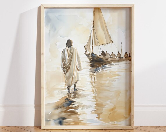 Jesus Walking to Disciples Boat Watercolor Christian Faith Poster