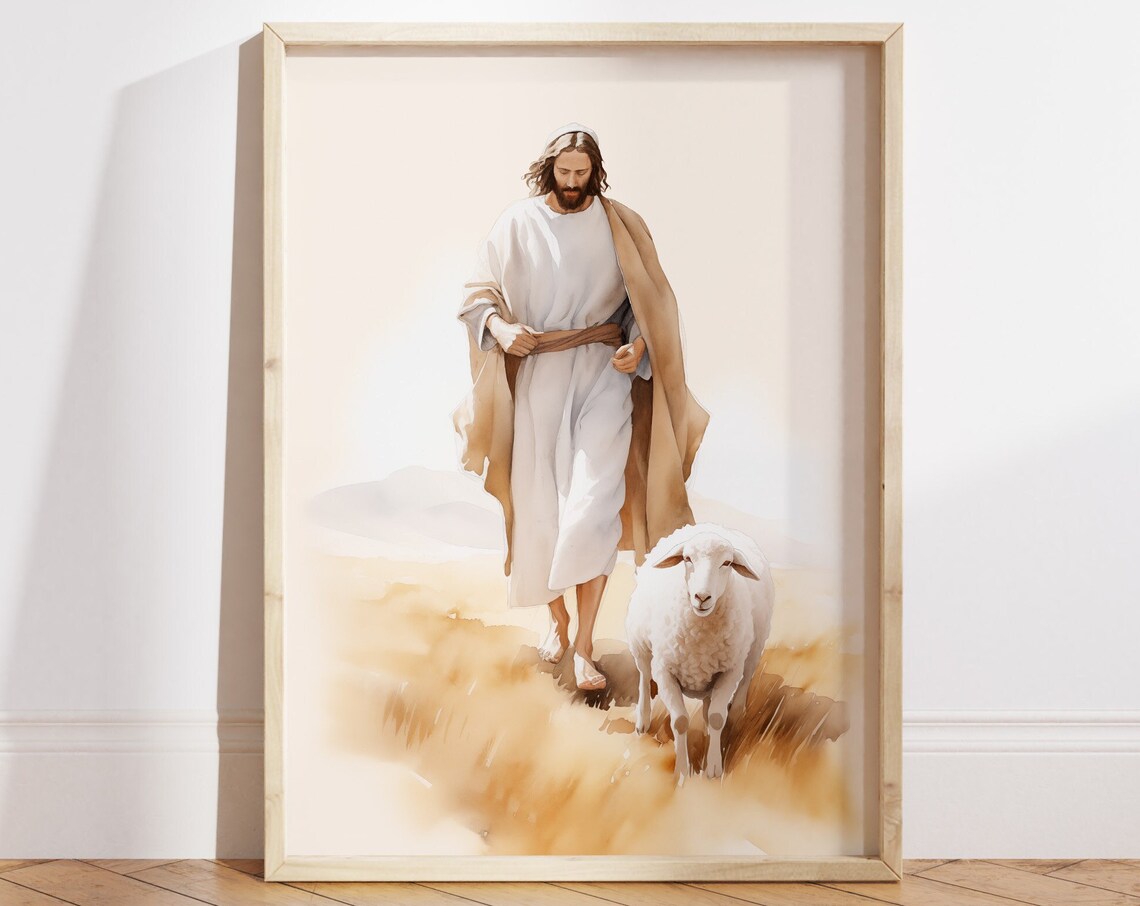 Jesus and the Lost Sheep Golden Field Watercolor Christian Poster