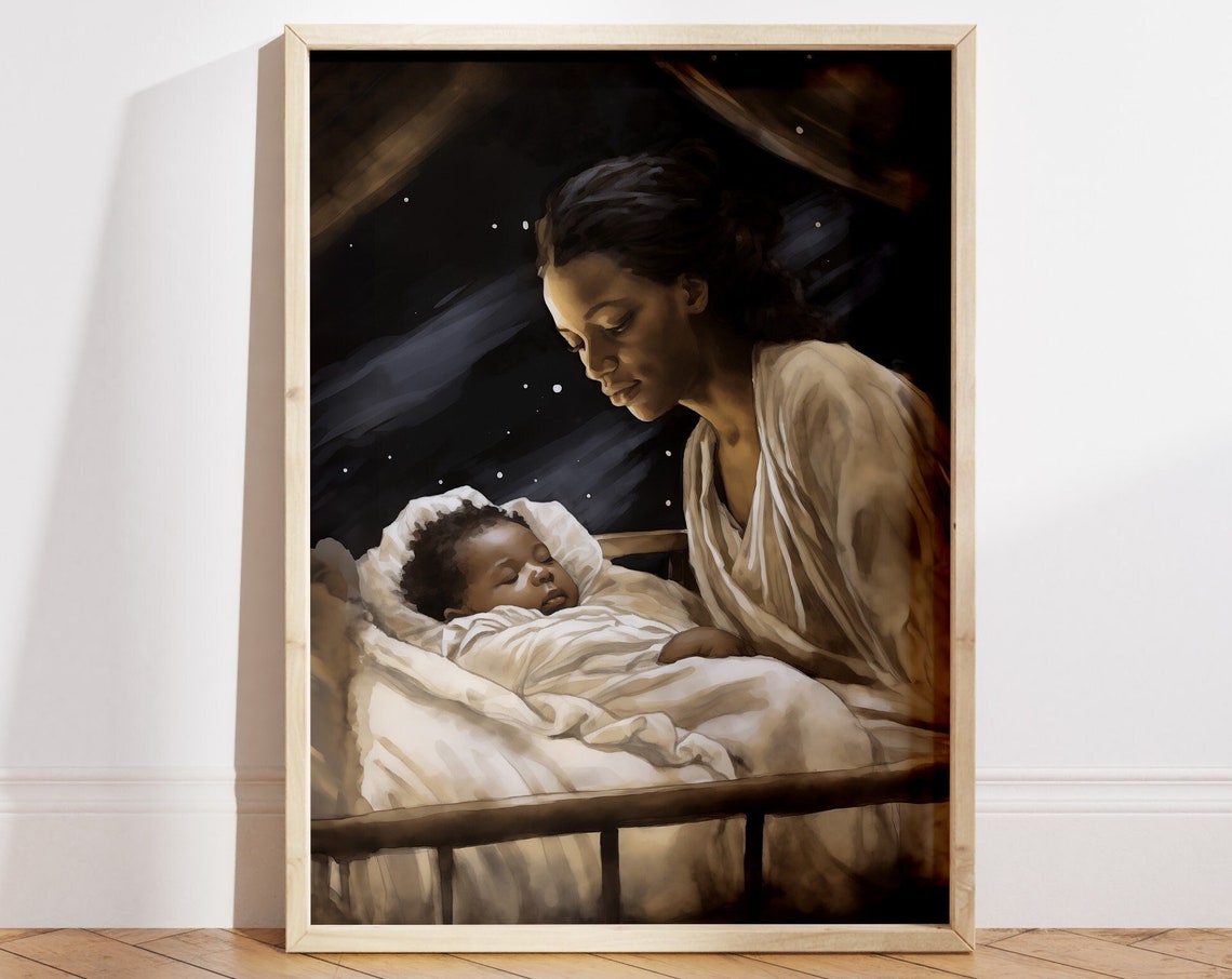 Black Mary and Baby Jesus Bedside Starry Night Nativity Poster