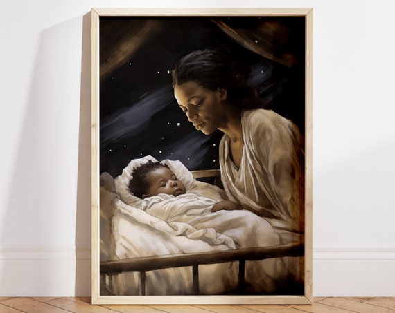 Black Mary And Baby In A Crib Poster Birth Of Jesus Wall Art Nursery Wall Decor Church Wall Art Christian Gift Idea File