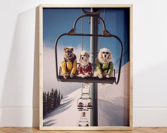 Dogs in a Ski Resort Funny Skiing Poster Art