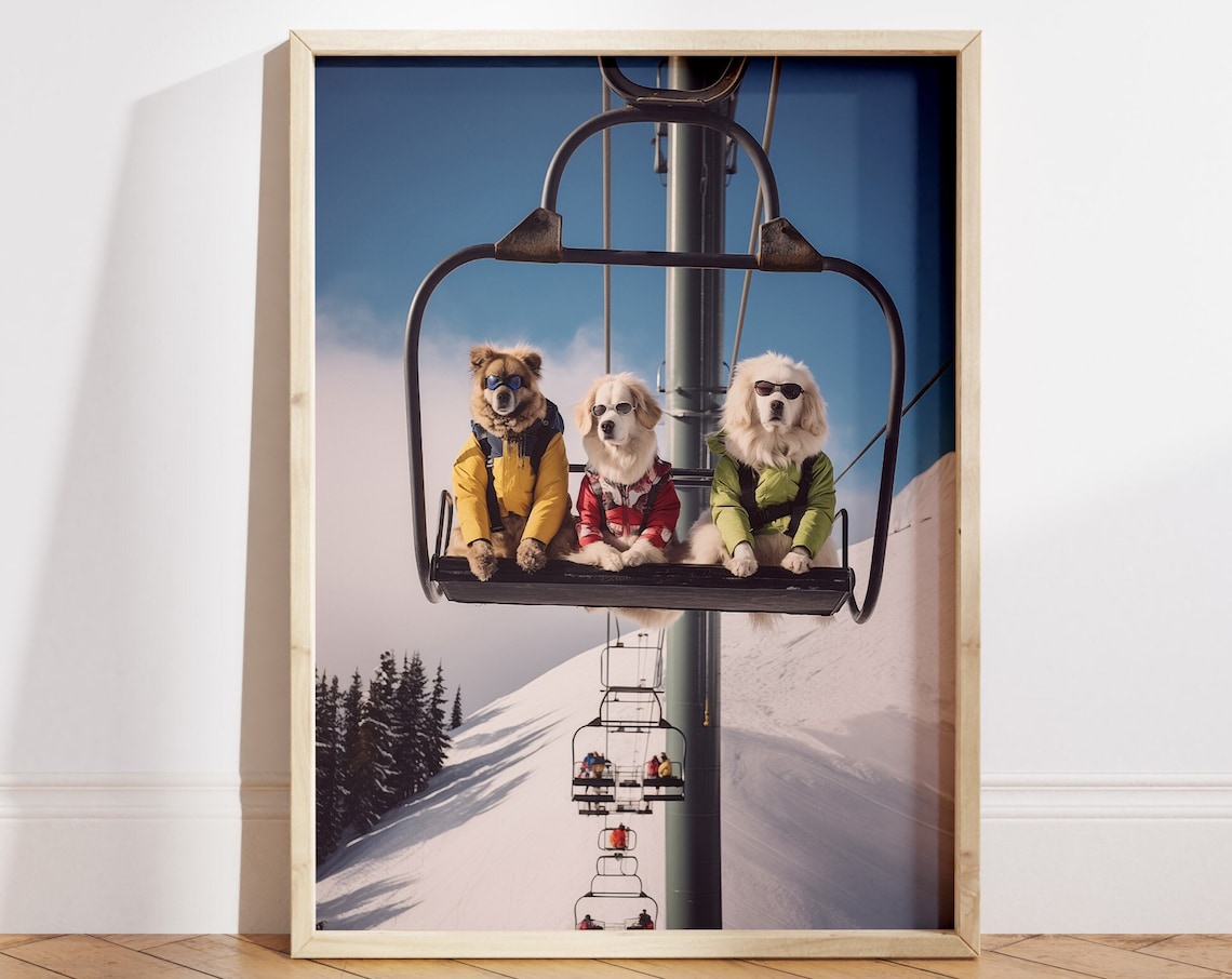 Dogs in a Ski Resort Funny Skiing Poster Art